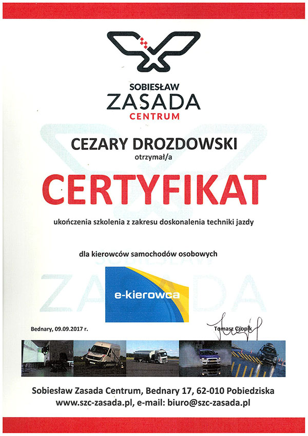 Certyfikat Doskonalenia techniki jazdy