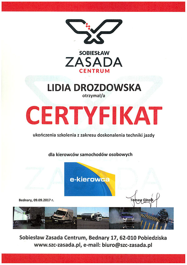 Certyfikat Doskonalenia techniki jazdy